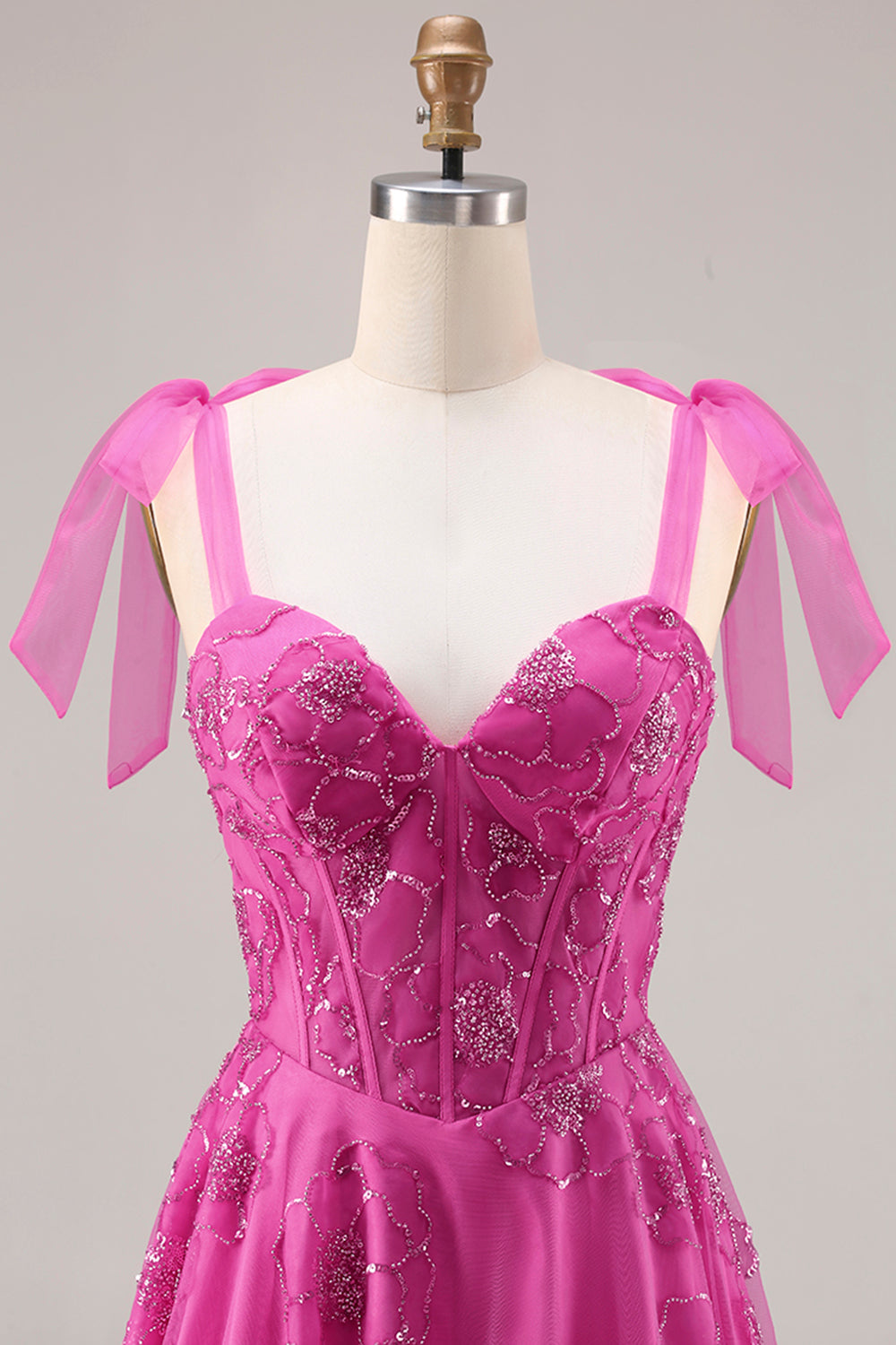 Fuchsia A-Line Burnout Beaded Floral Long Prom Dress with Lace-Up Back