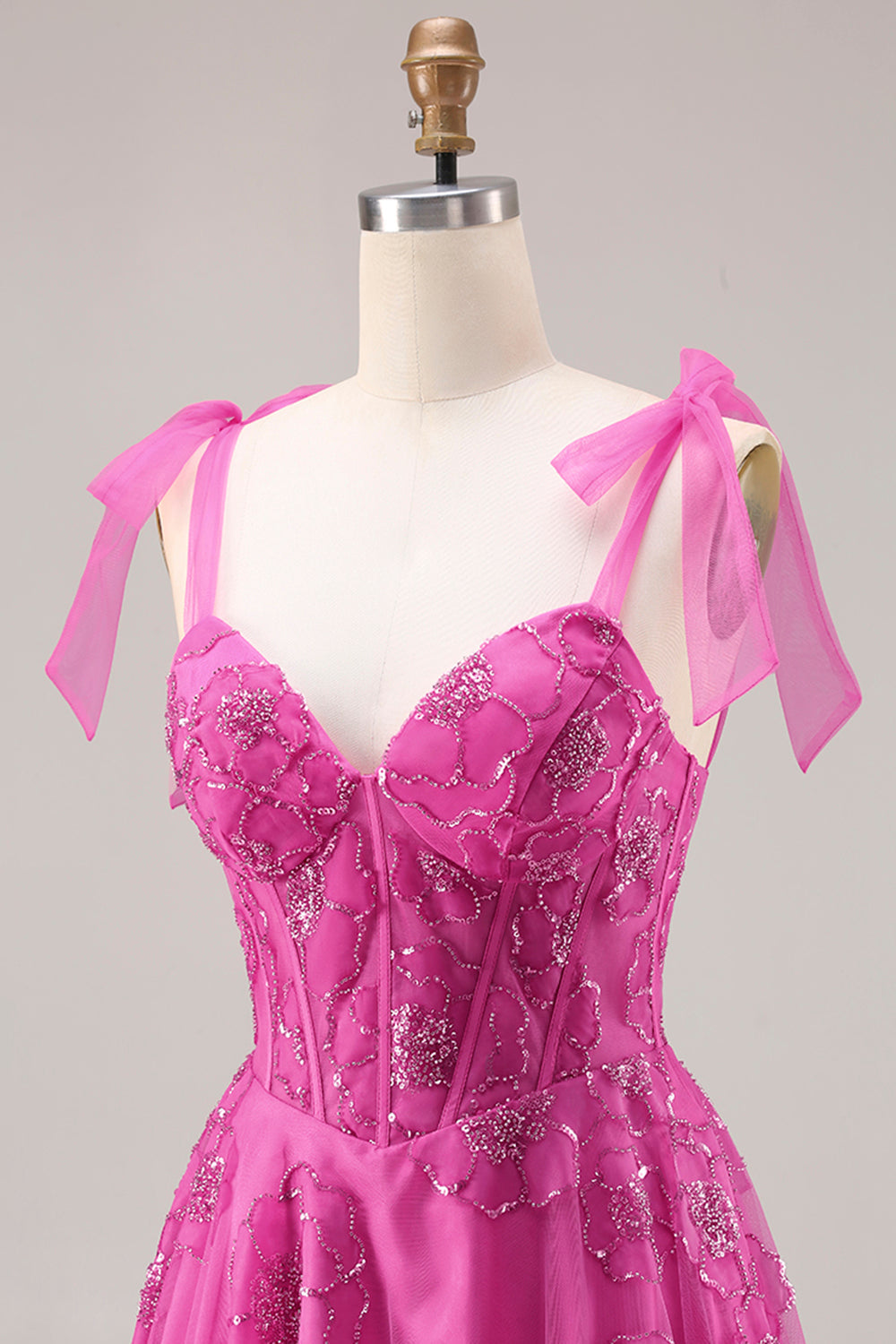 Fuchsia A-Line Burnout Beaded Floral Long Prom Dress with Lace-Up Back