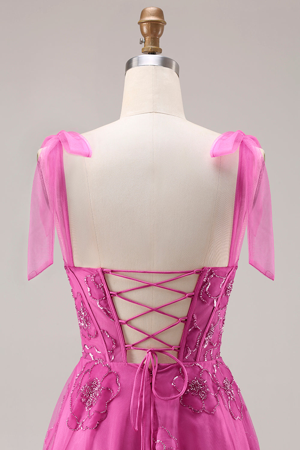 Fuchsia A-Line Burnout Beaded Floral Long Prom Dress with Lace-Up Back