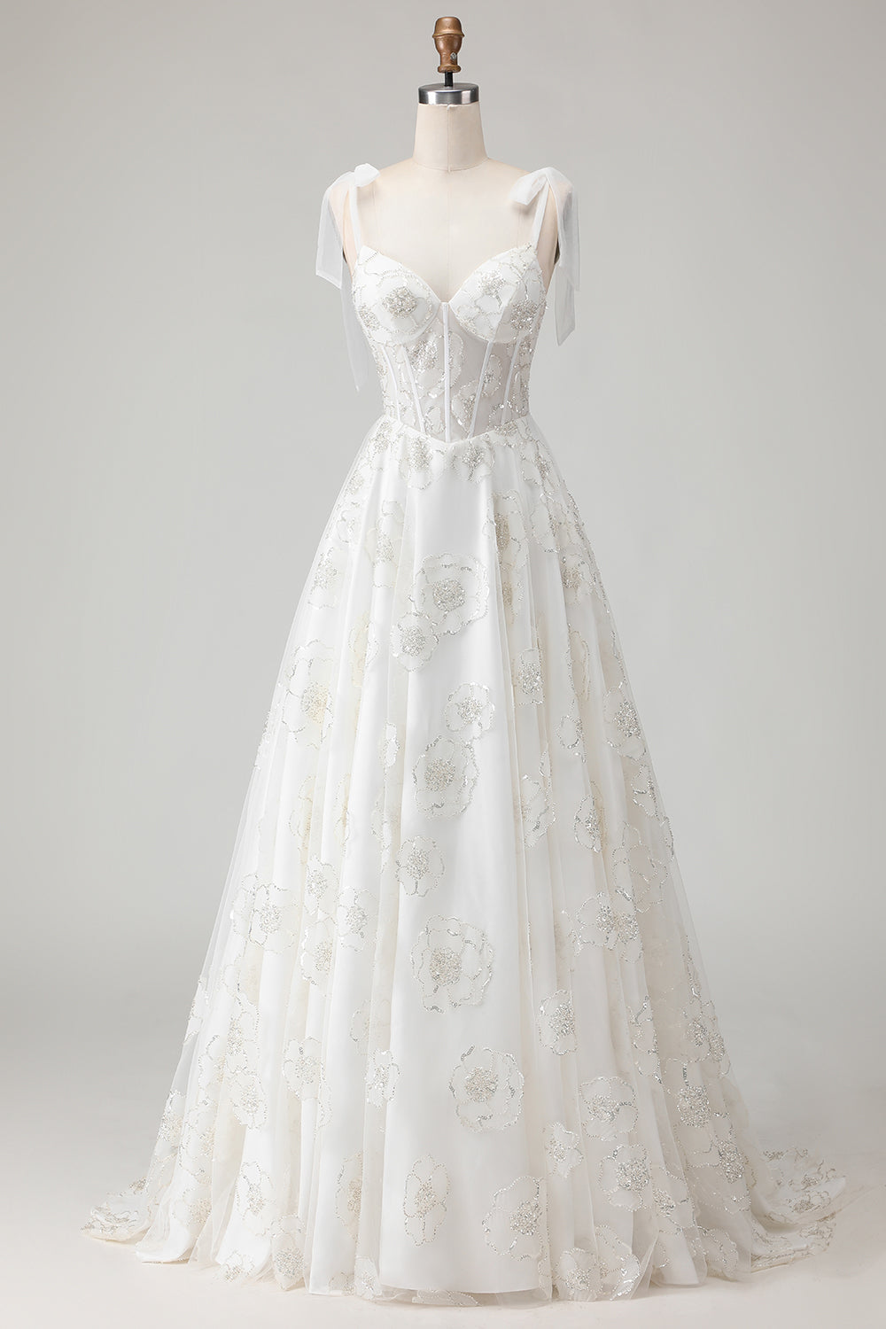 White Embroidered Tulle Corset A-Line Spaghetti Straps Long Wedding Dress with BowKnot