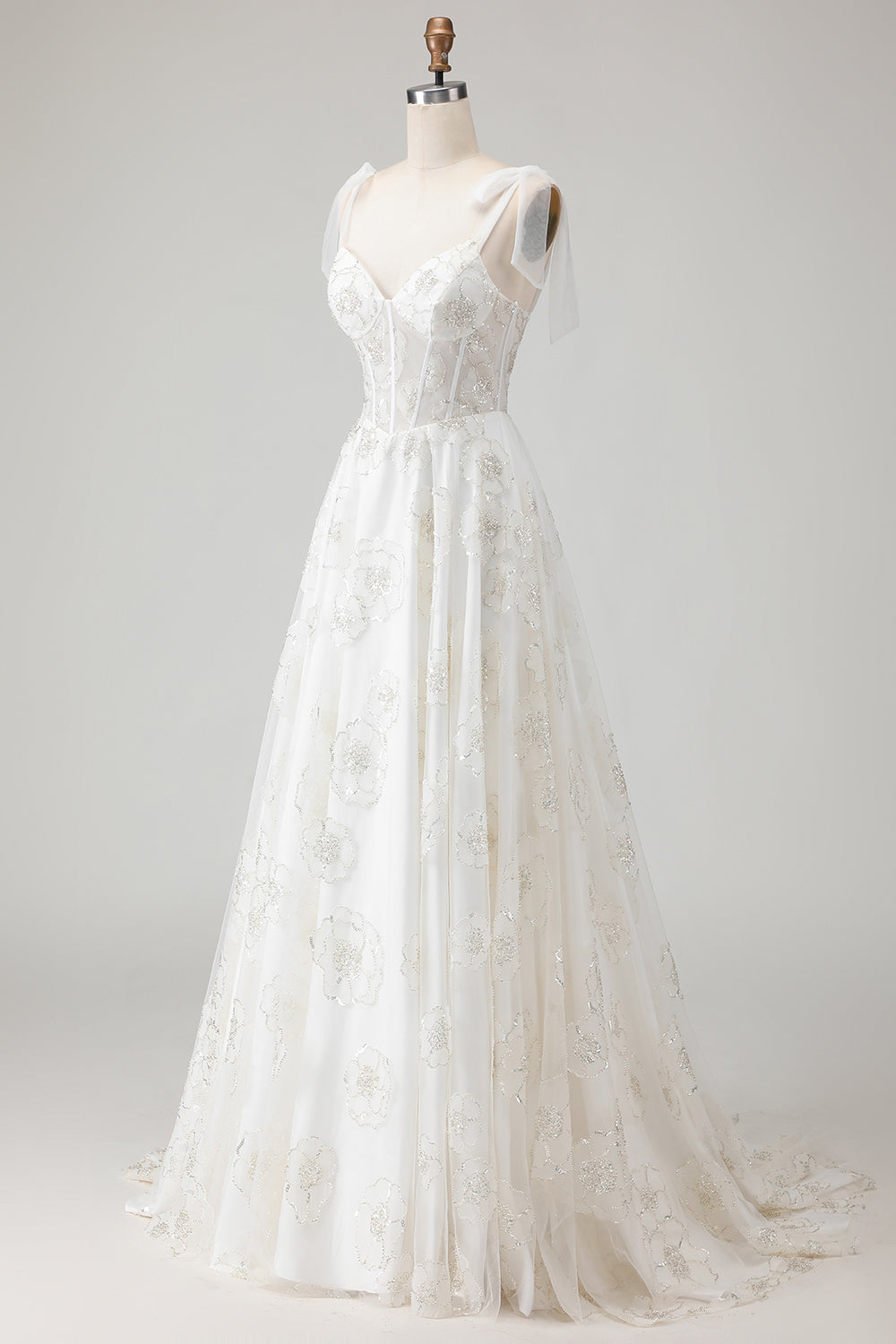 White Embroidered Tulle Corset A-Line Spaghetti Straps Long Wedding Dress with BowKnot