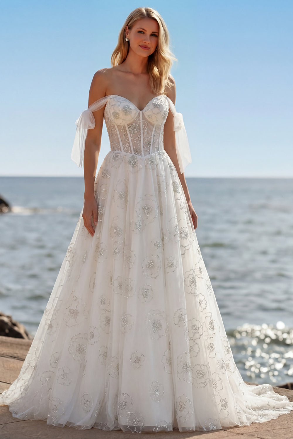 White Embroidered Tulle Corset A-Line Spaghetti Straps Long Wedding Dress with BowKnot
