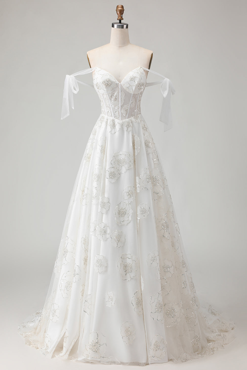 White Embroidered Tulle Corset A-Line Spaghetti Straps Long Wedding Dress with BowKnot