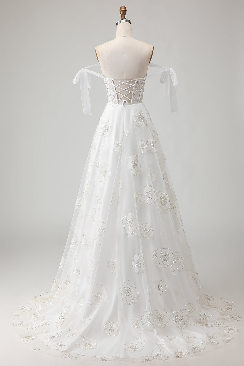 White Embroidered Tulle Corset A-Line Spaghetti Straps Long Wedding Dress with BowKnot