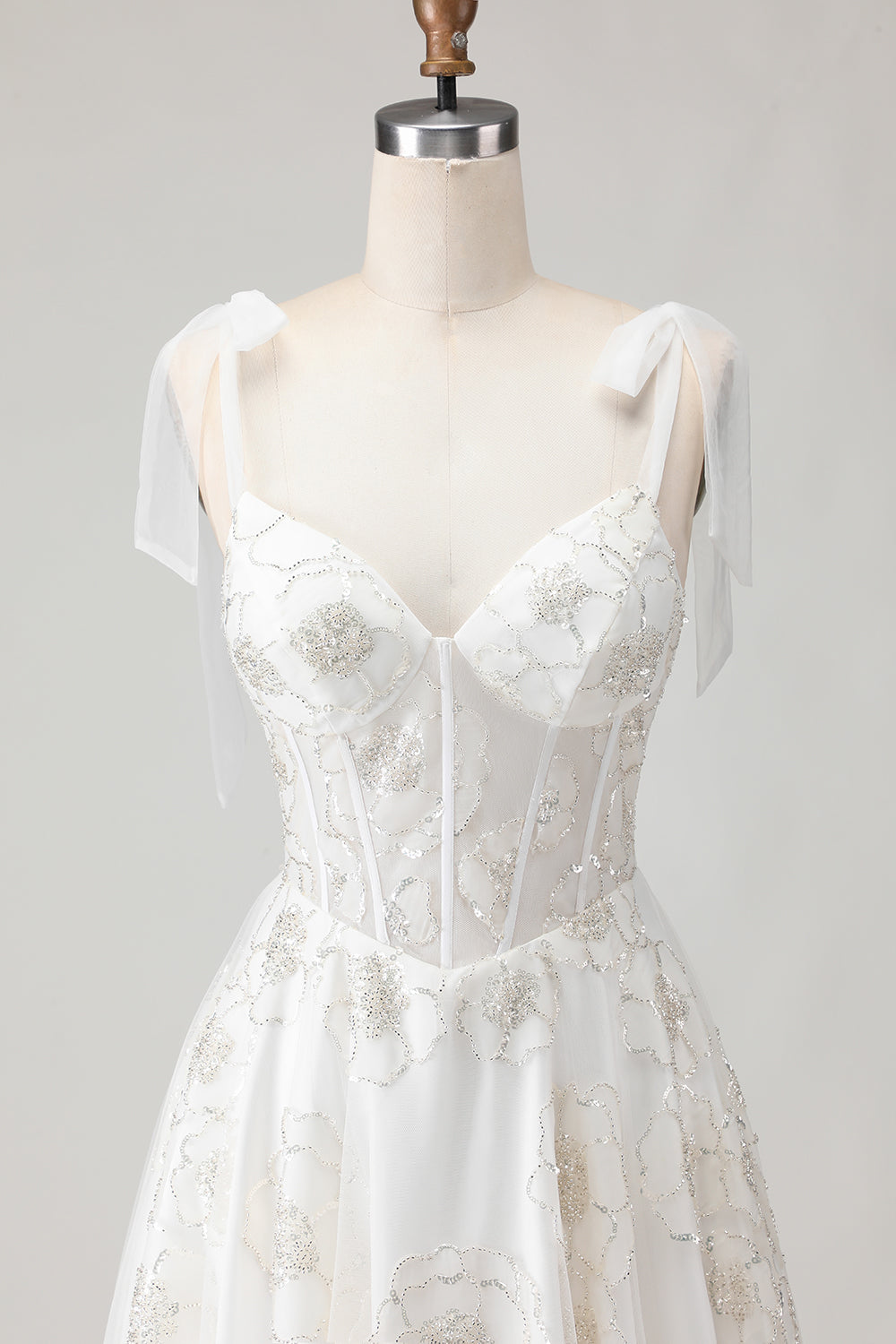 White Embroidered Tulle Corset A-Line Spaghetti Straps Long Wedding Dress with BowKnot