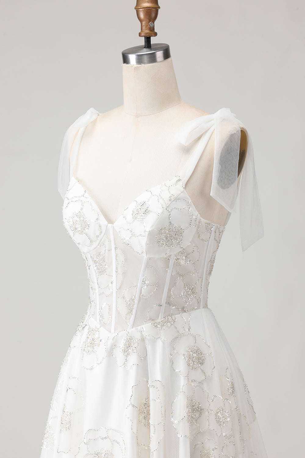 White Embroidered Tulle Corset A-Line Spaghetti Straps Long Wedding Dress with BowKnot