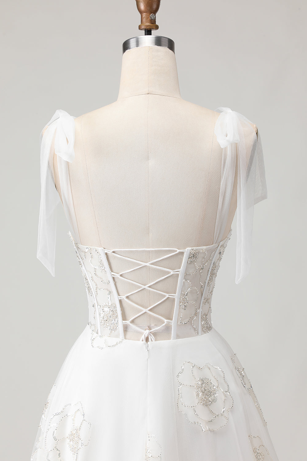 White Embroidered Tulle Corset A-Line Spaghetti Straps Long Wedding Dress with BowKnot