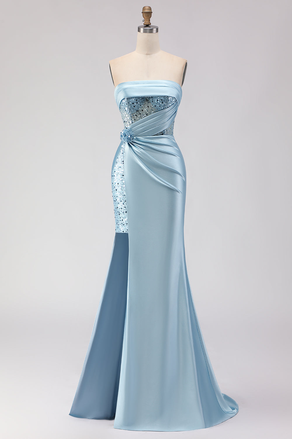 Vestido de Noche Largo de Sirena sin Tirantes Azul con Flores 3D Lentejuelas y Abertura