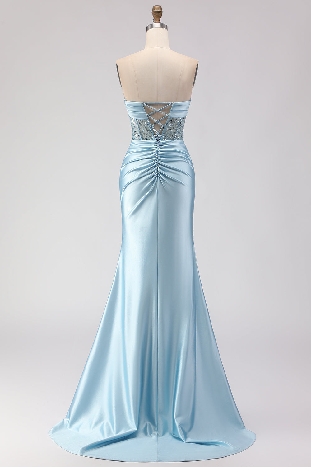 Vestido de Noche Largo de Sirena sin Tirantes Azul con Flores 3D Lentejuelas y Abertura