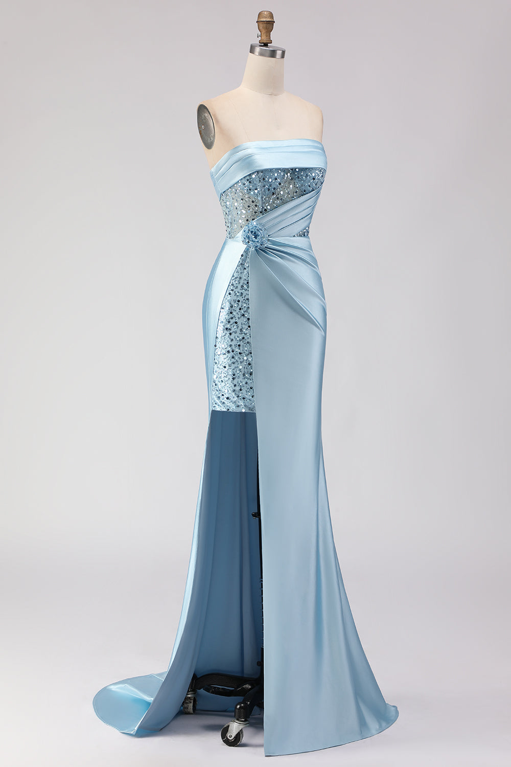 Vestido de Noche Largo de Sirena sin Tirantes Azul con Flores 3D Lentejuelas y Abertura