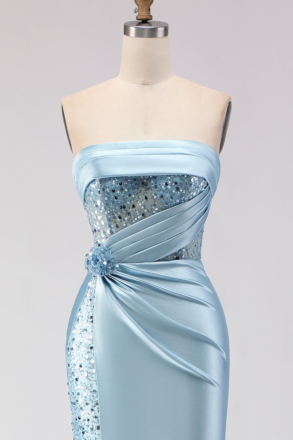 Vestido de Noche Largo de Sirena sin Tirantes Azul con Flores 3D Lentejuelas y Abertura