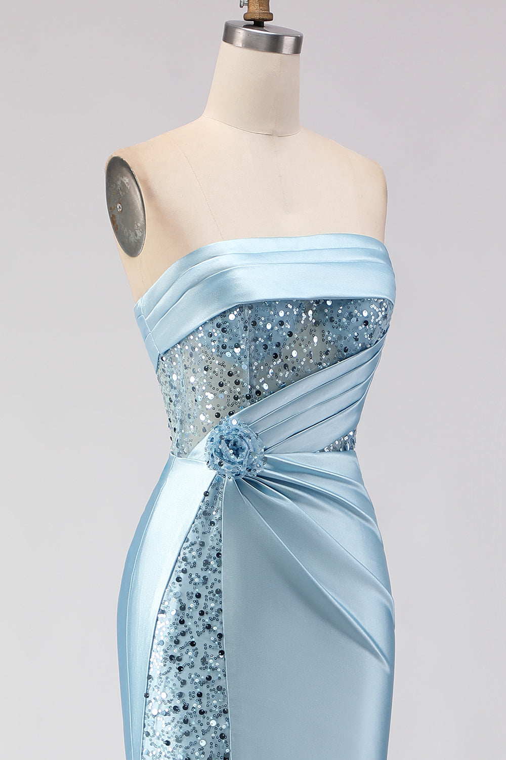 Vestido de Noche Largo de Sirena sin Tirantes Azul con Flores 3D Lentejuelas y Abertura