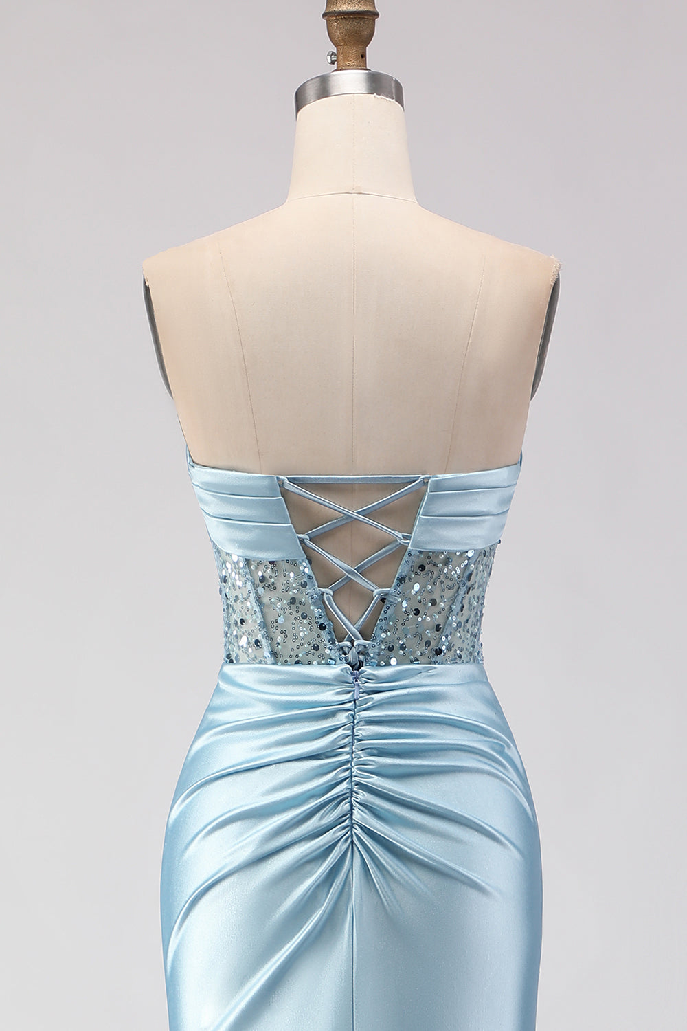 Vestido de Noche Largo de Sirena sin Tirantes Azul con Flores 3D Lentejuelas y Abertura
