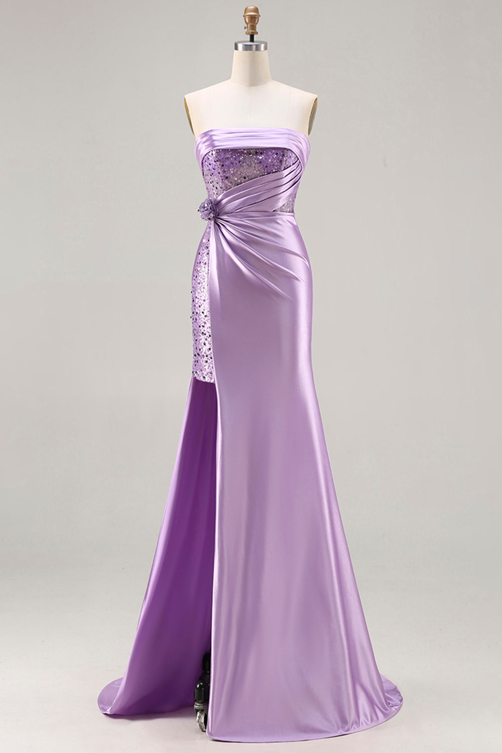 Vestido de Noche Largo de Sirena sin Tirantes Azul con Flores 3D Lentejuelas y Abertura