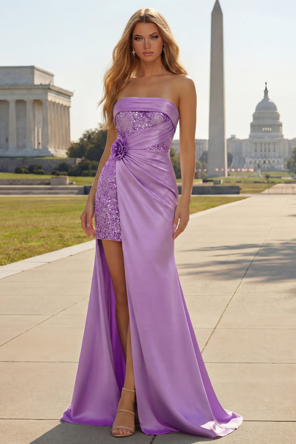 Vestido de Noche Largo de Sirena sin Tirantes Azul con Flores 3D Lentejuelas y Abertura