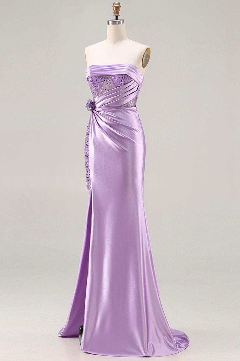 Vestido de Noche Largo de Sirena sin Tirantes Azul con Flores 3D Lentejuelas y Abertura