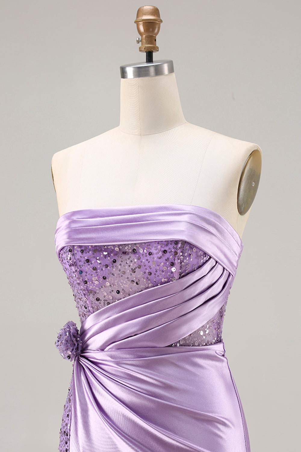 Vestido de Noche Largo de Sirena sin Tirantes Azul con Flores 3D Lentejuelas y Abertura