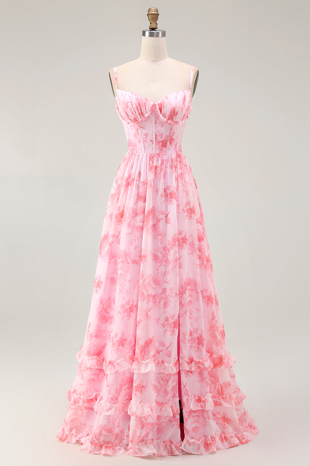 Pink Floral Corset A Line Spaghetti Straps Maxi Dress with Slit