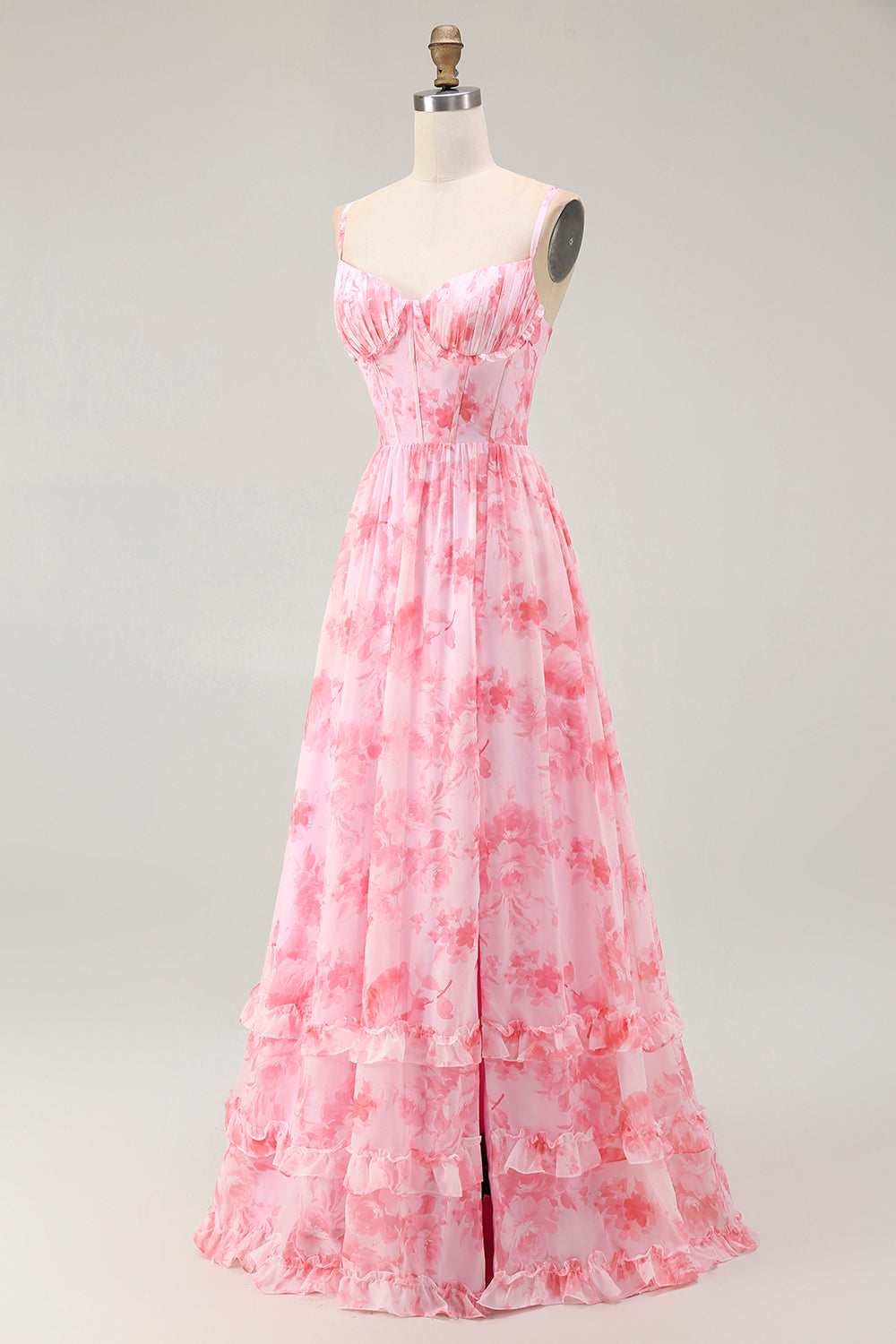 Pink Floral Corset A Line Spaghetti Straps Maxi Dress with Slit