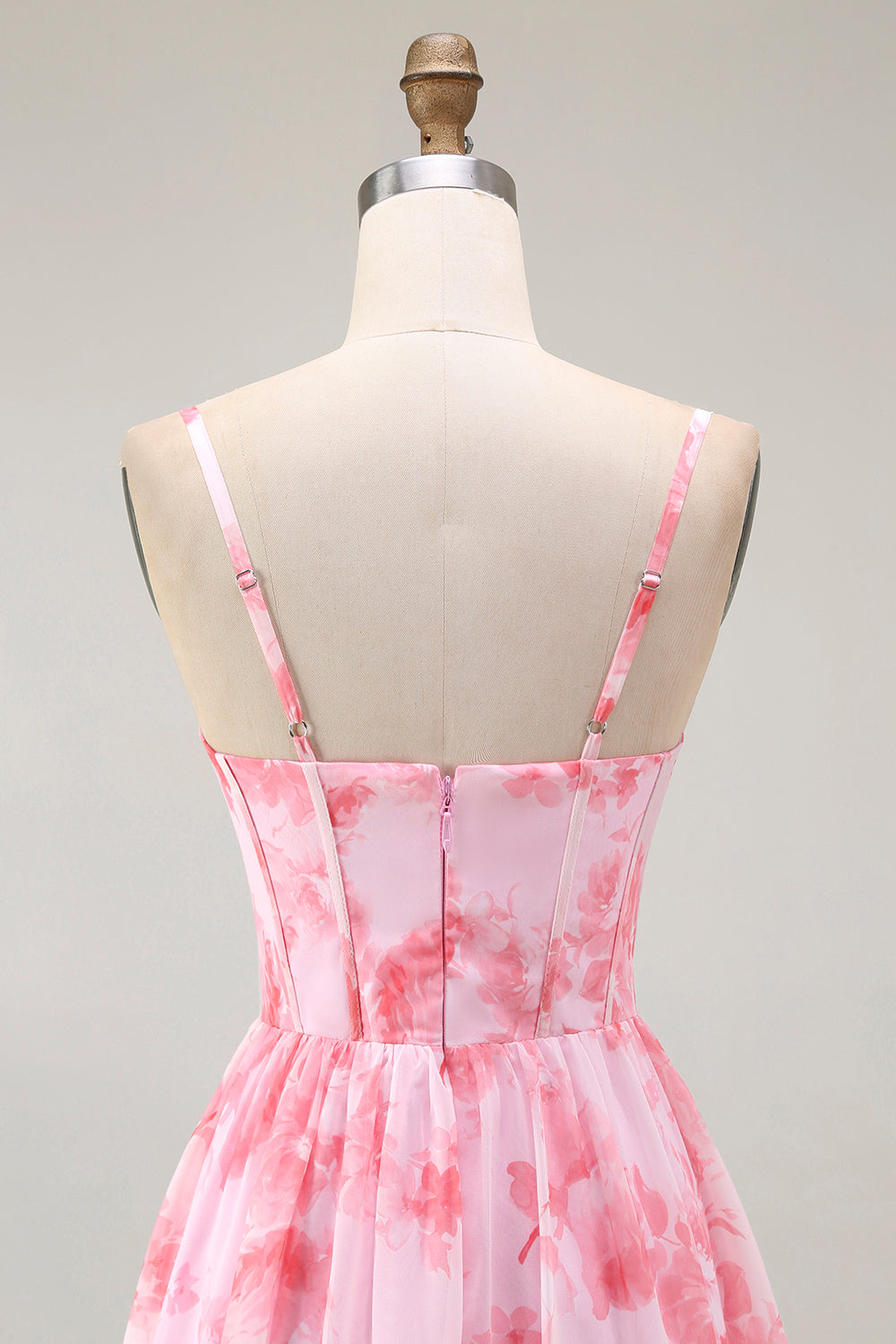 Pink Floral Corset A Line Spaghetti Straps Maxi Dress with Slit