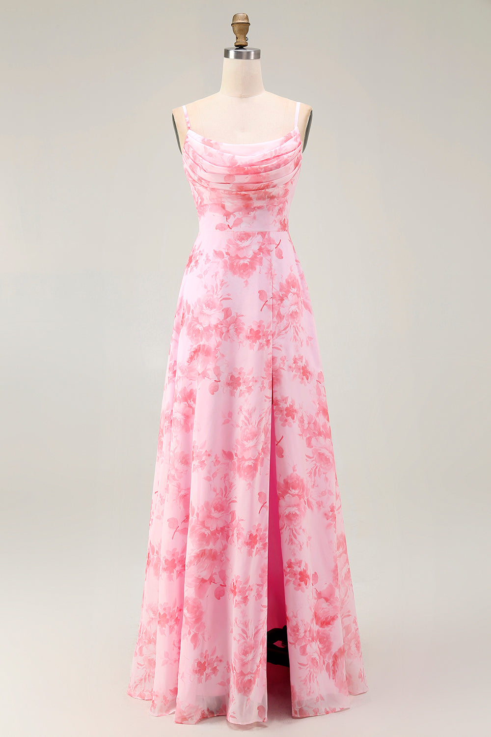 Robe longue évasée rose fleurie à col bénitier avec fente