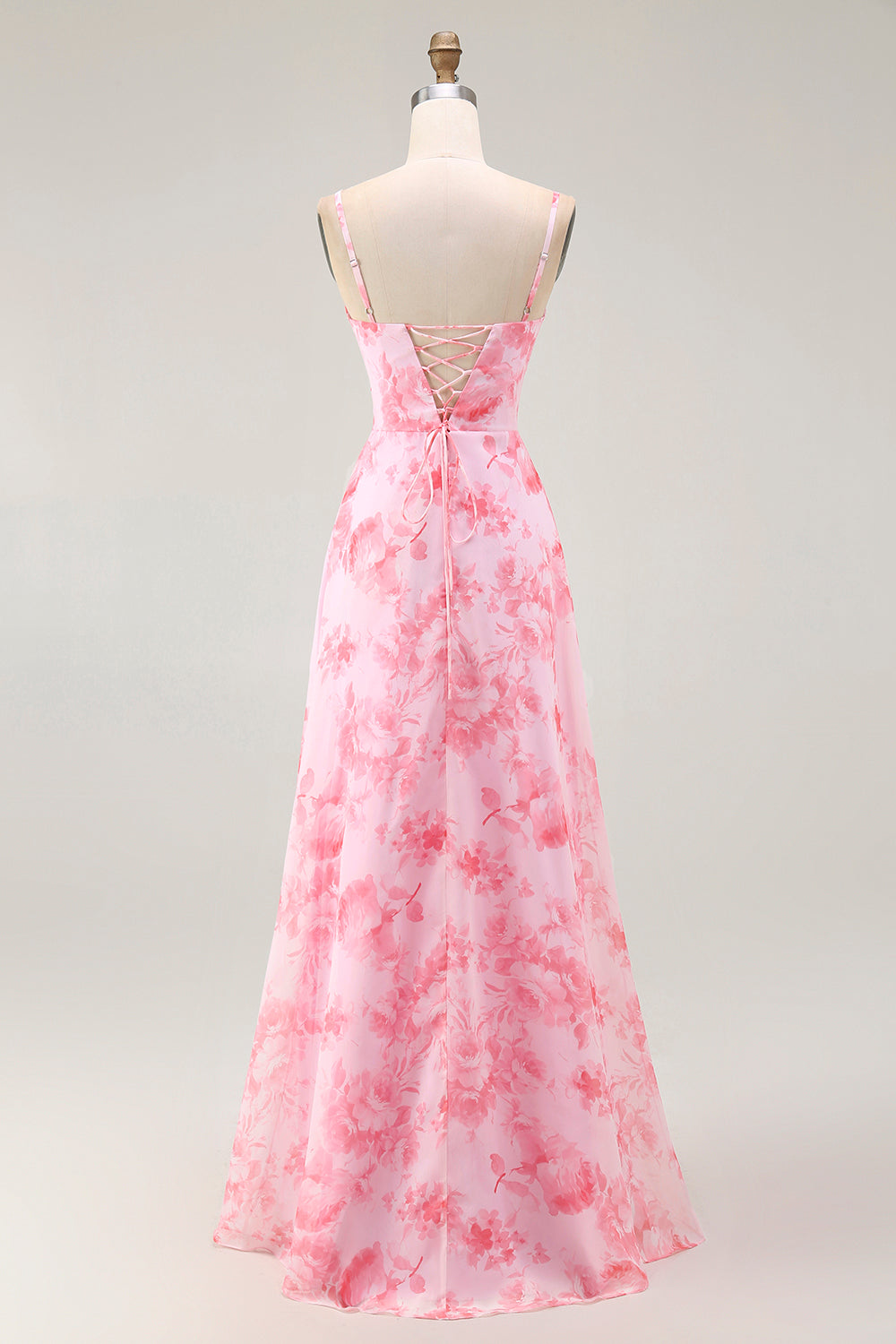 Robe longue évasée rose fleurie à col bénitier avec fente