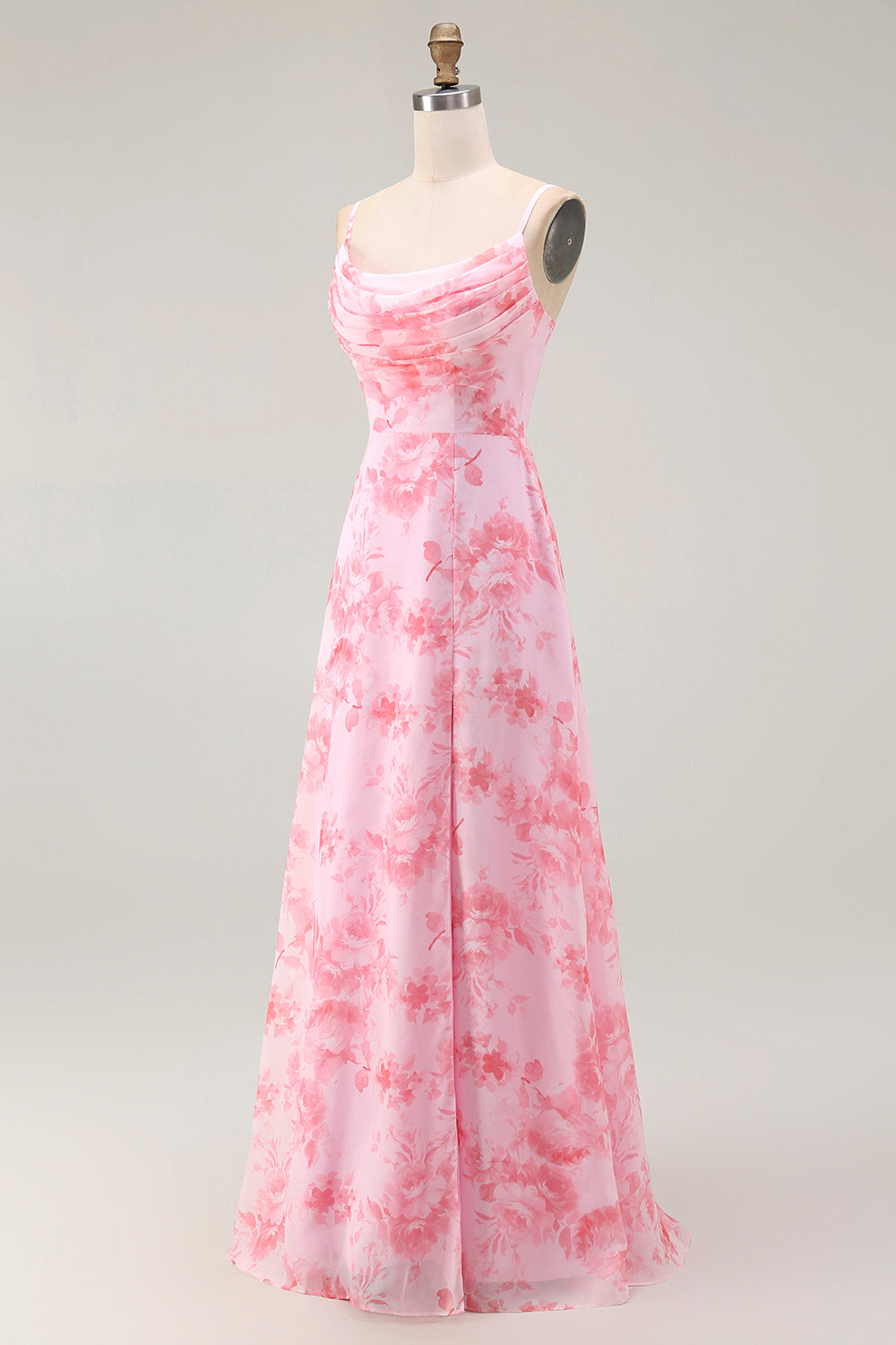 Robe longue évasée rose fleurie à col bénitier avec fente