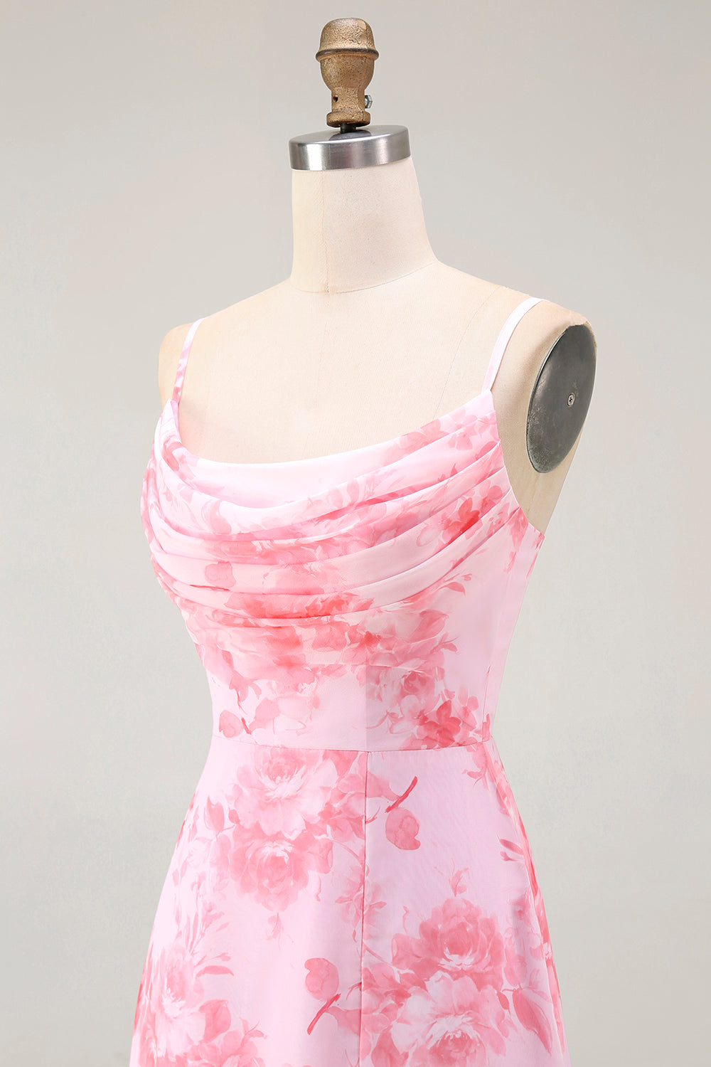 Robe longue évasée rose fleurie à col bénitier avec fente
