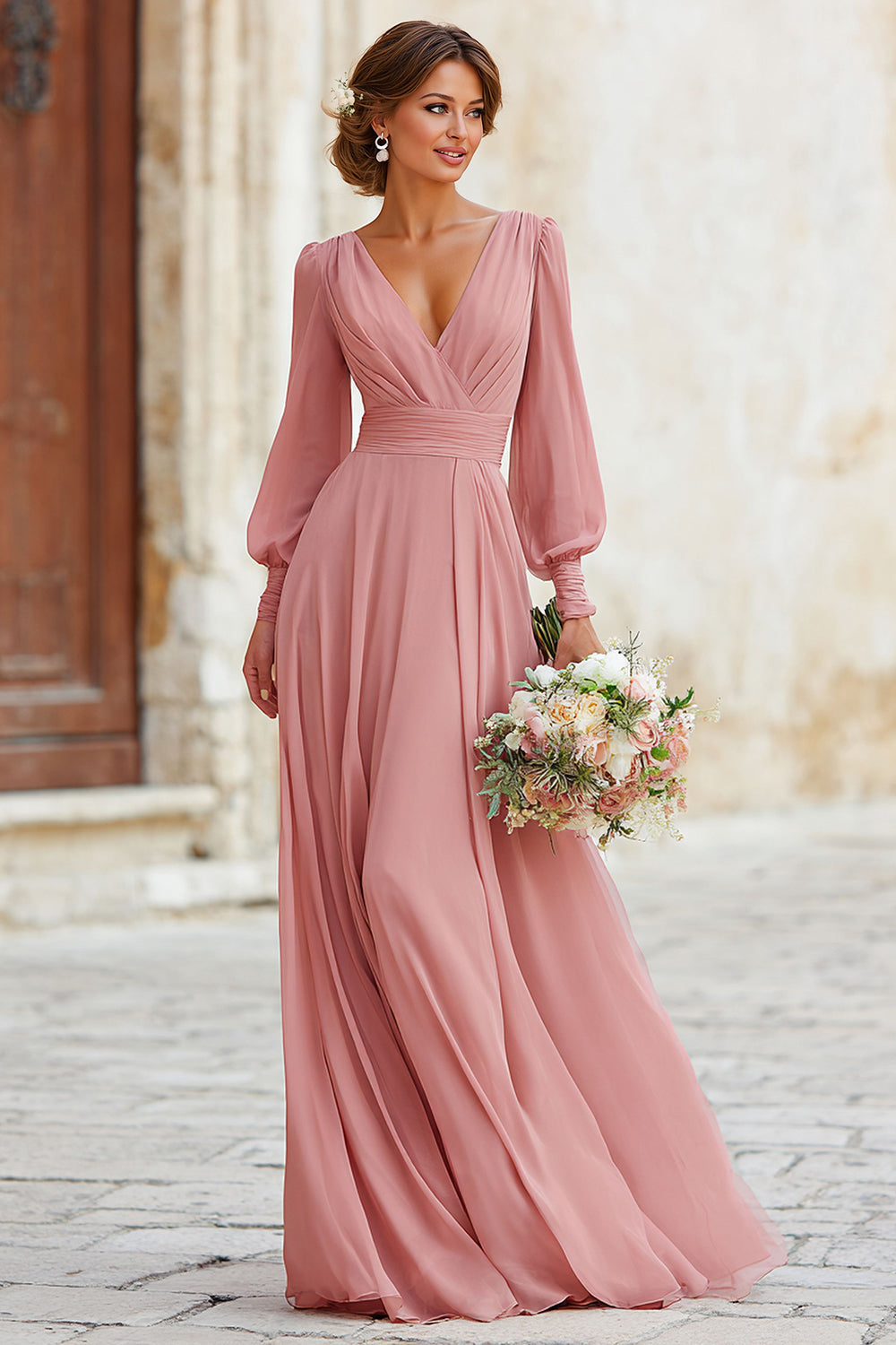 Dusty Rose V-Neck Maxi A-Line Bridesmaid Dress with Sleeves