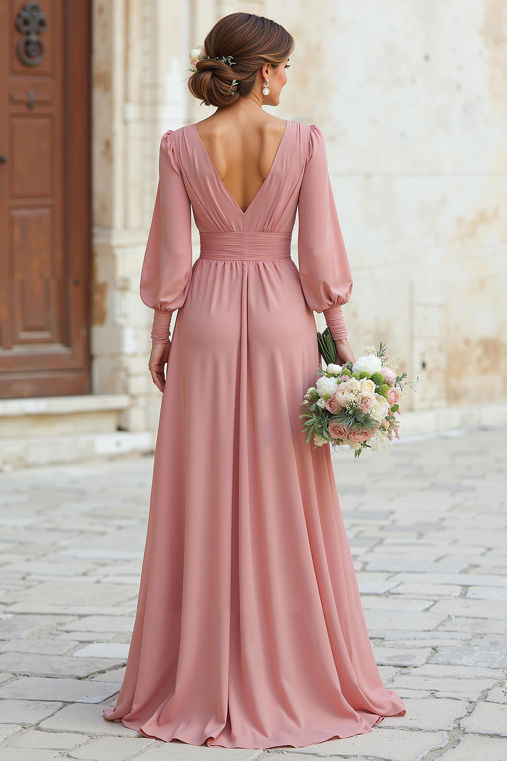 Dusty Rose V-Neck Maxi A-Line Bridesmaid Dress with Sleeves