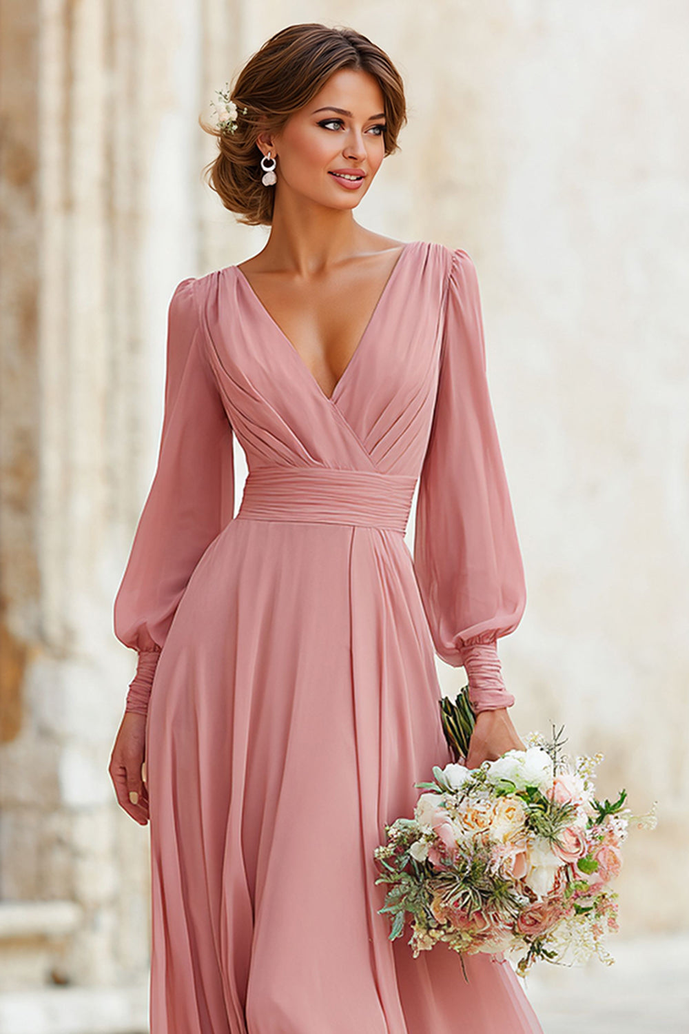 Dusty Rose V-Neck Maxi A-Line Bridesmaid Dress with Sleeves