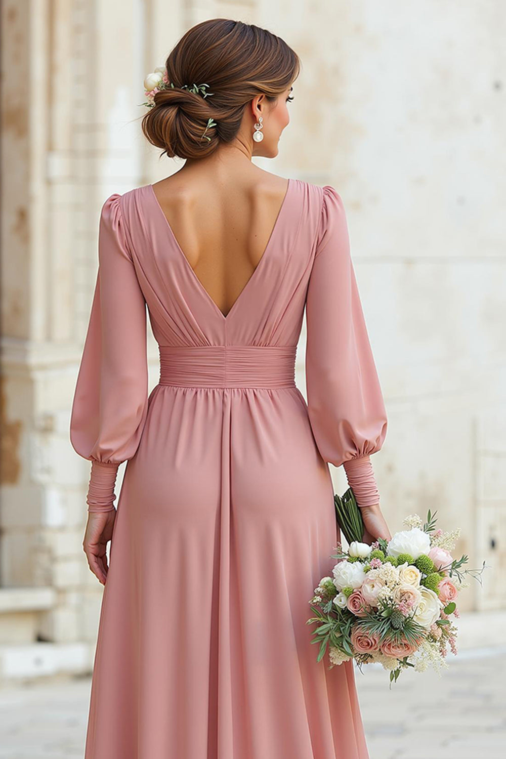 Dusty Rose V-Neck Maxi A-Line Bridesmaid Dress with Sleeves