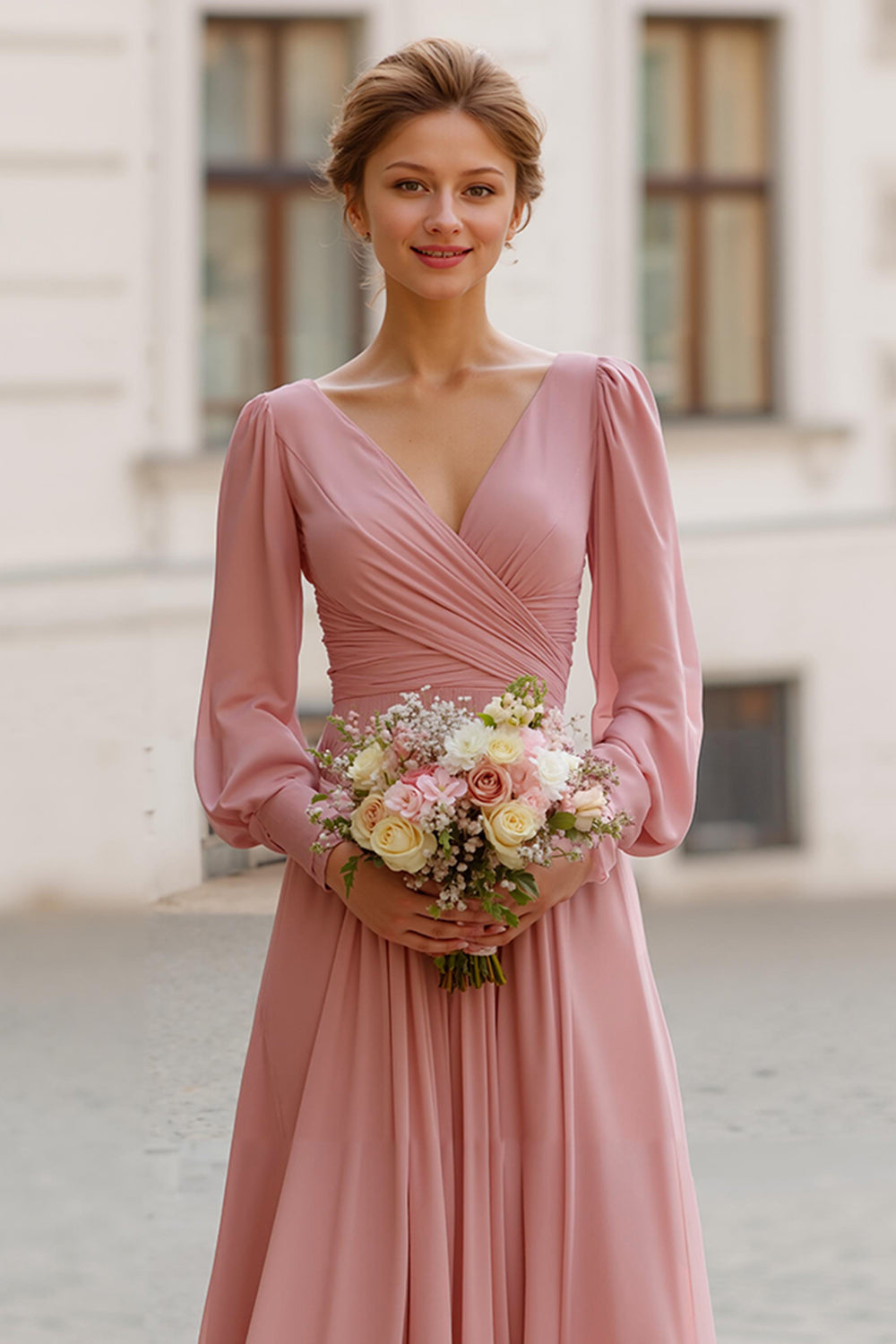 Robe demoiselle d'honneur longue évasée rose poudré avec manches et décolleté en V