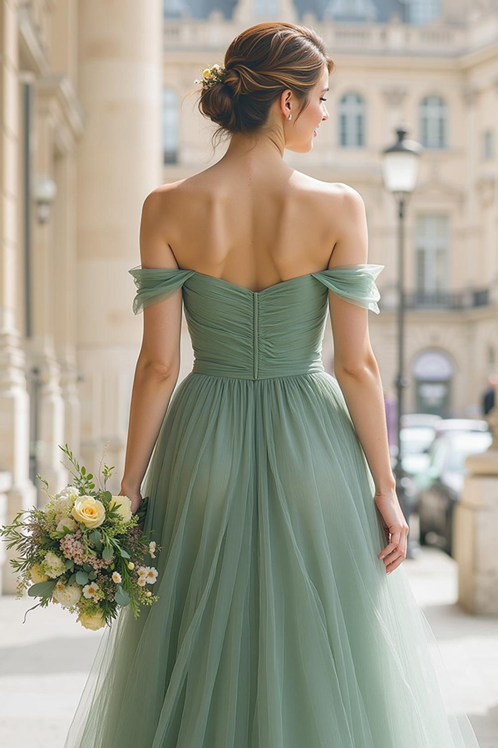 Eucalyptus A Line Maxi Off the Shoulder Bridesmaid Dress