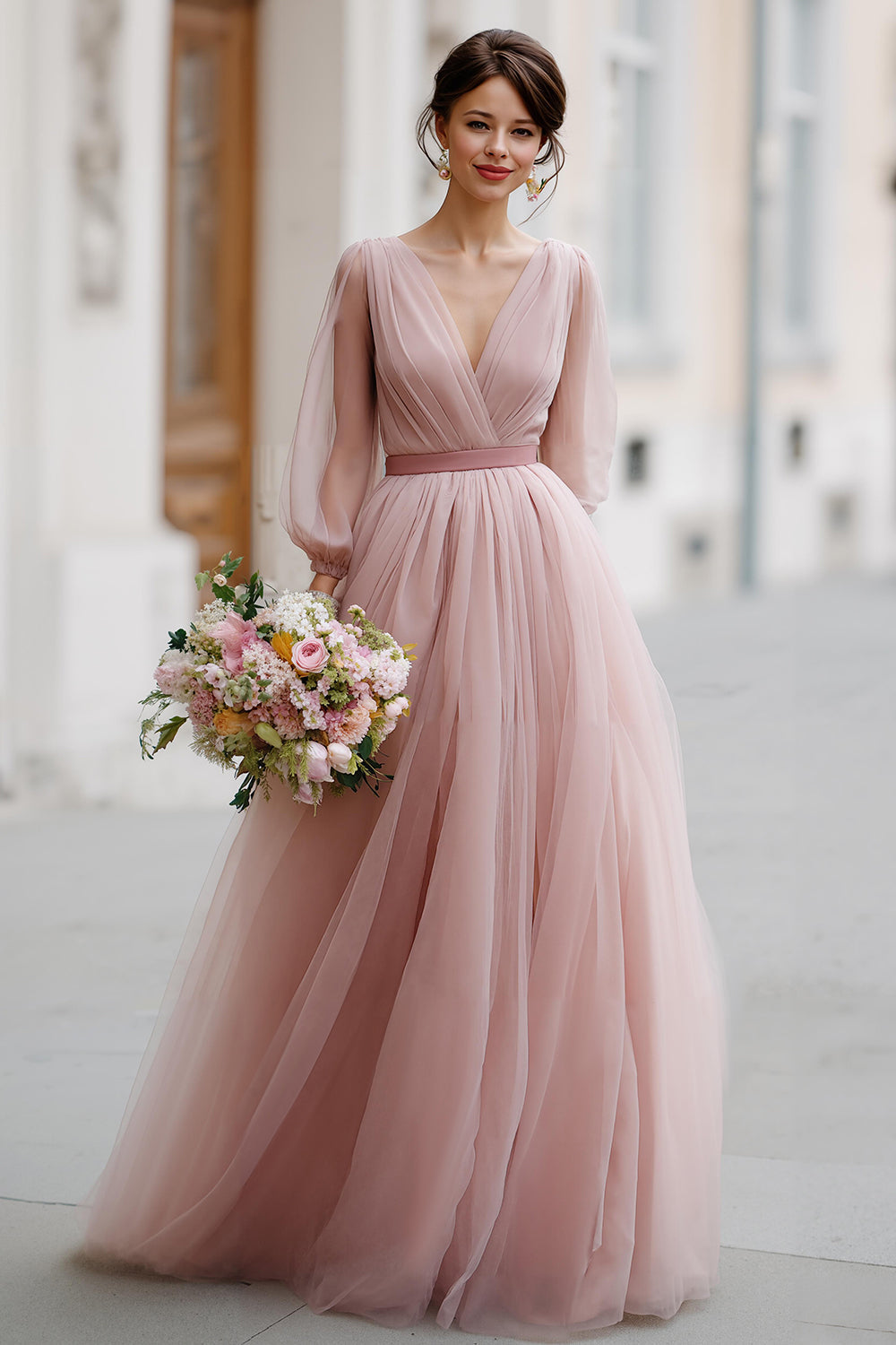 Dusty Rose A-Line V-Neck Maxi Bridesmaid Dress with Sleeves