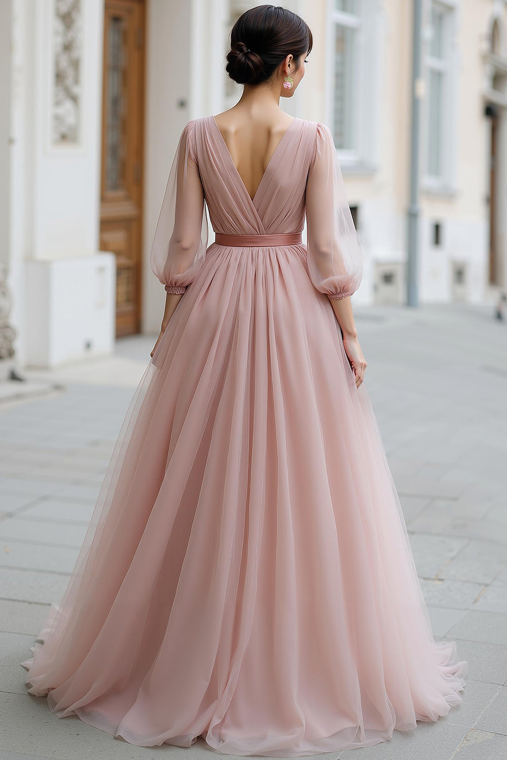 Dusty Rose A-Line V-Neck Maxi Bridesmaid Dress with Sleeves
