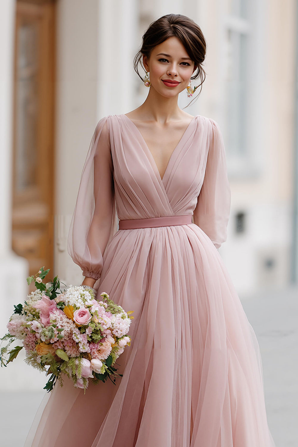 Dusty Rose A-Line V-Neck Maxi Bridesmaid Dress with Sleeves