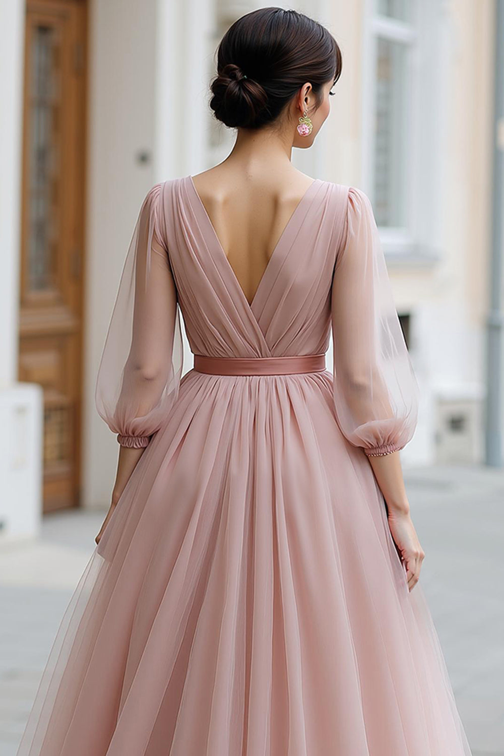 Dusty Rose A-Line V-Neck Maxi Bridesmaid Dress with Sleeves