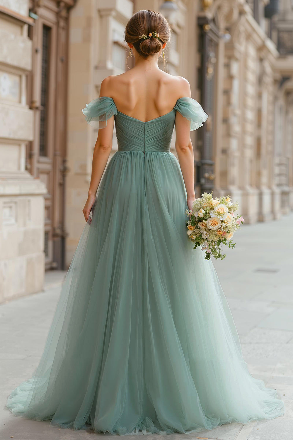 Eucalyptus Maxi A Line Off the Shoulder Bridesmaid Dress