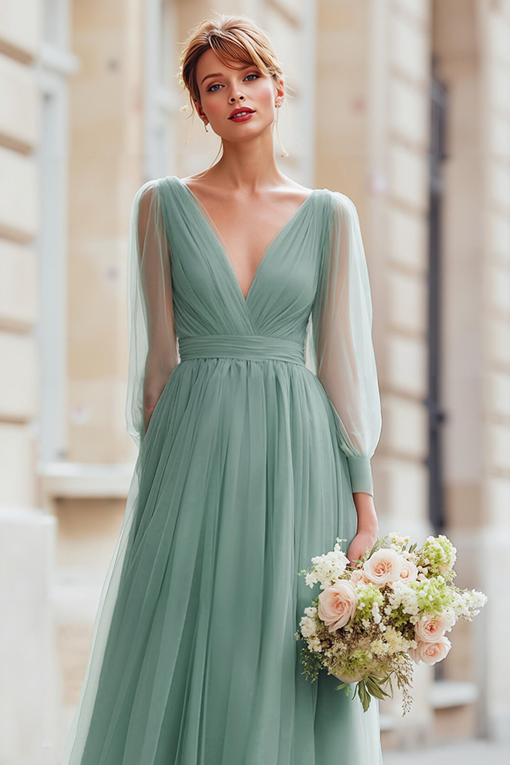 Eucalyptus A-Line Long-Sleeve V-Neck Choir Dress