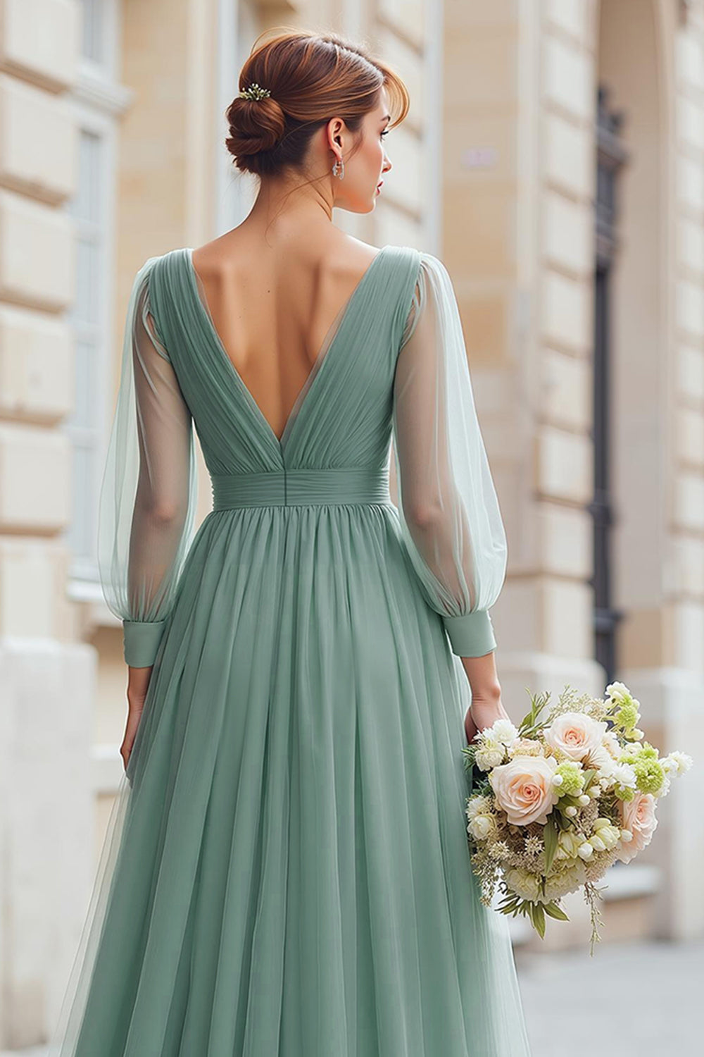 Eucalyptus A-Line Long-Sleeve V-Neck Choir Dress