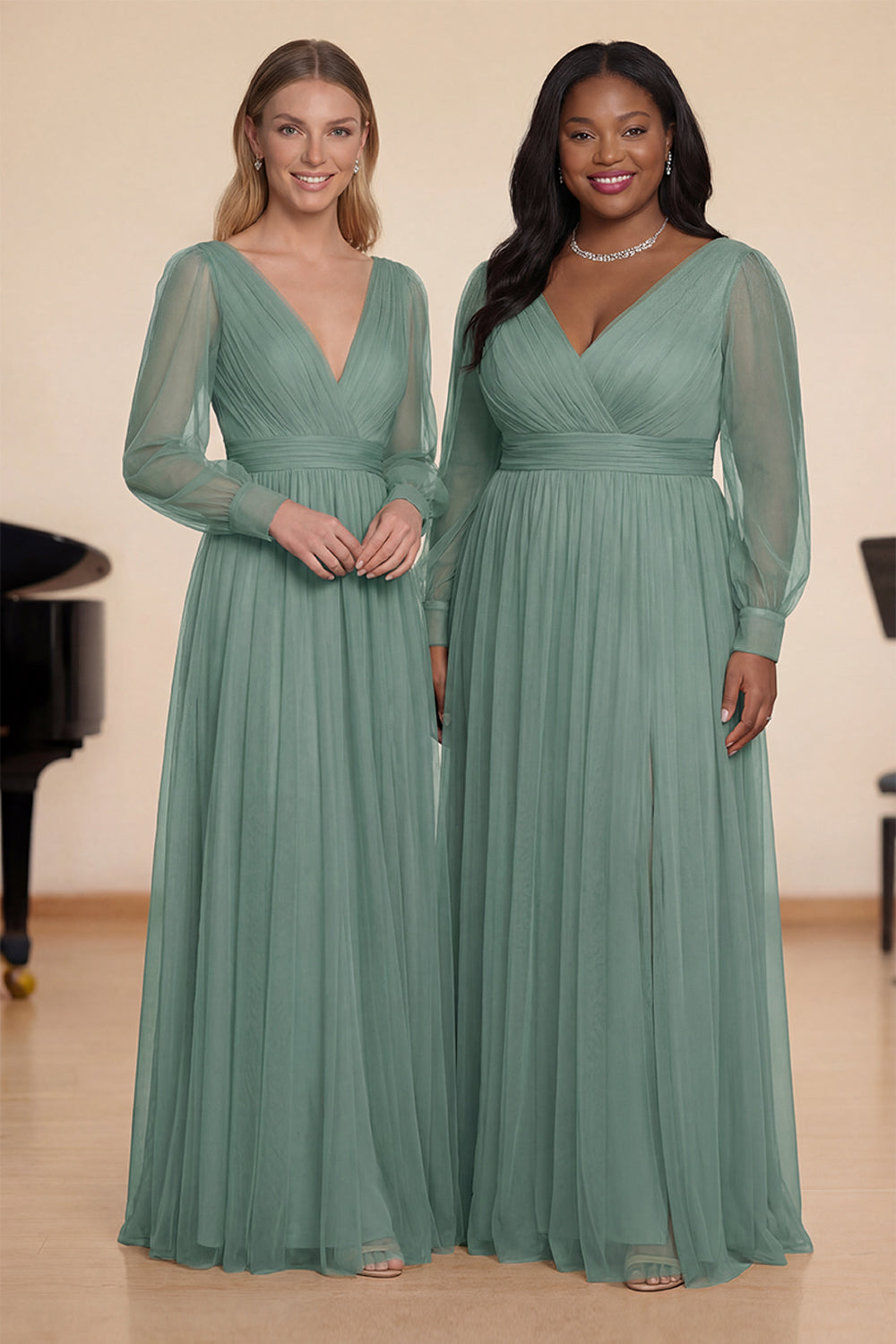 Eucalyptus A-Line Long-Sleeve V-Neck Choir Dress