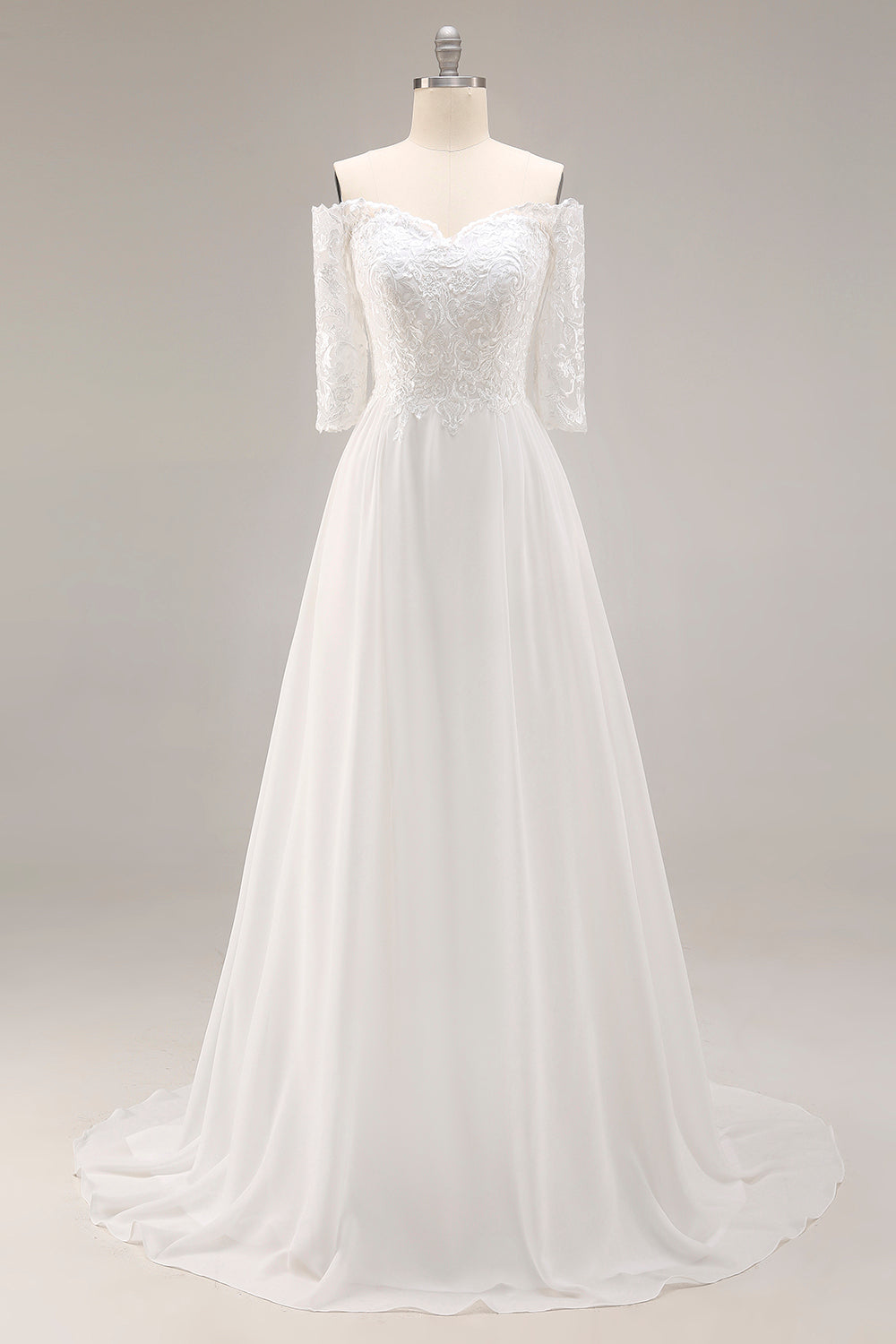 Robe de mariée blanche trapèze épaules dénudées avec dentelle et manches mi-longues