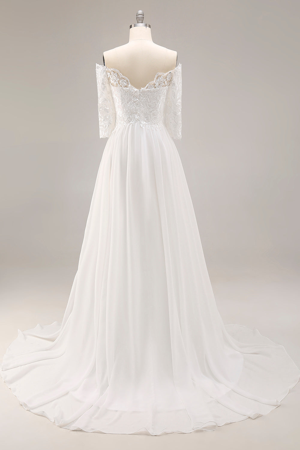 Robe de mariée blanche trapèze épaules dénudées avec dentelle et manches mi-longues