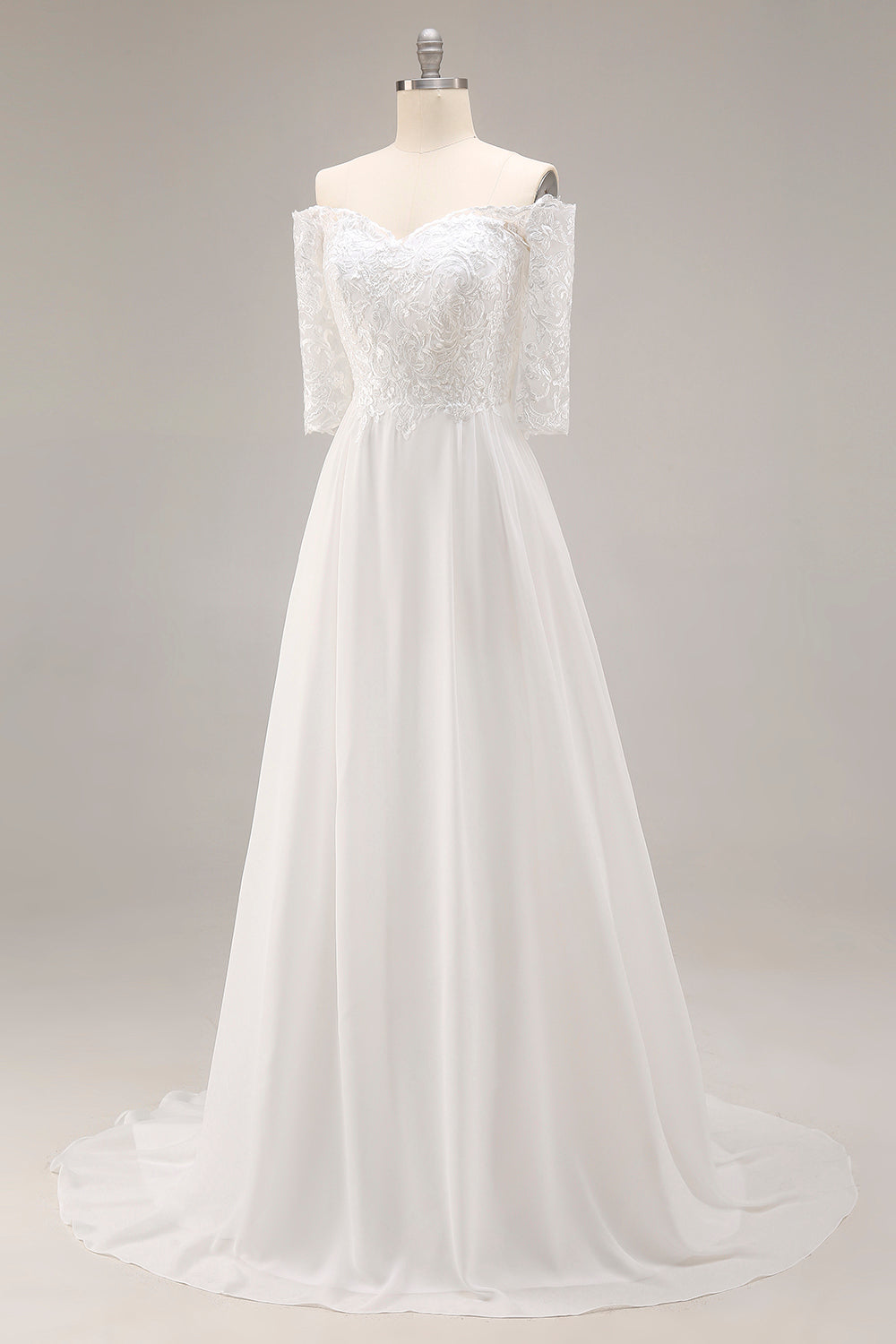 Robe de mariée blanche trapèze épaules dénudées avec dentelle et manches mi-longues