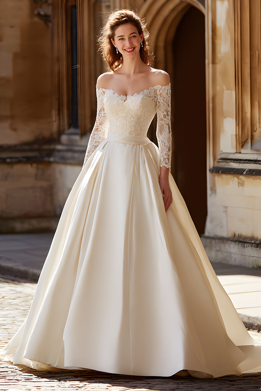 Ivory Satin Long Sleeve Ball Gown Floor-Length Wedding Dress with Lace