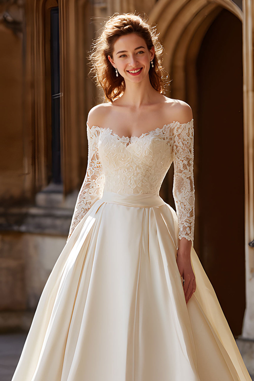 Ivory Satin Long Sleeve Ball Gown Floor-Length Wedding Dress with Lace