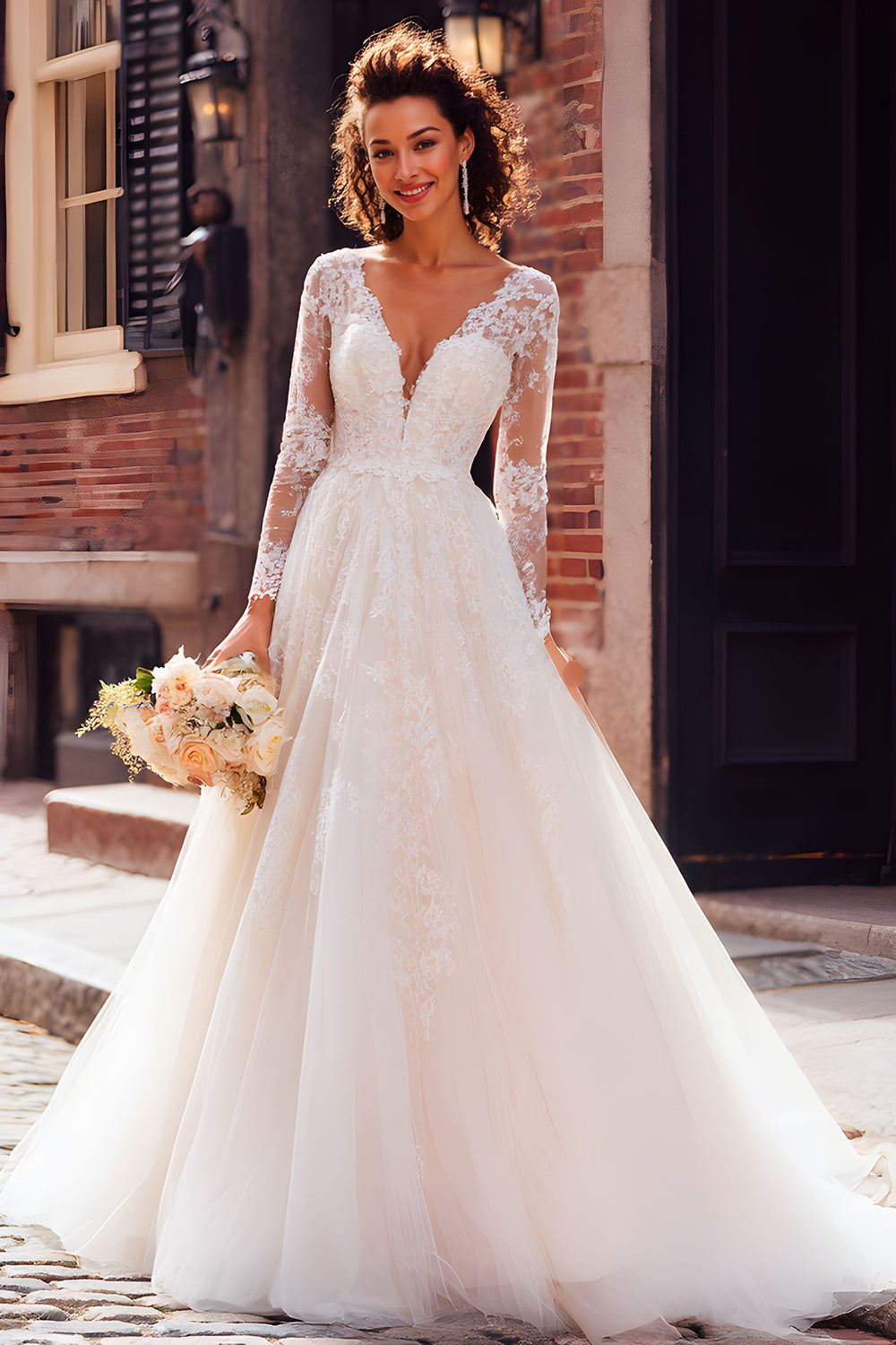 Ivory V-Neck Tulle Princess Long-Sleeved Floor-Length Wedding Dress with Lace