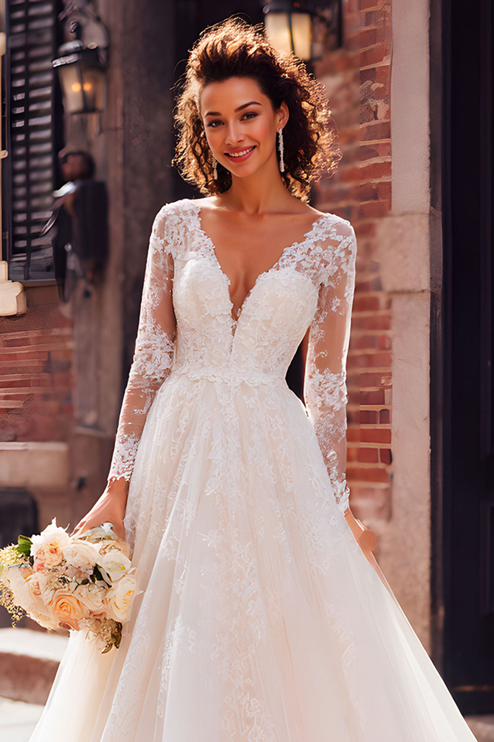 Ivory V-Neck Tulle Princess Long-Sleeved Floor-Length Wedding Dress with Lace