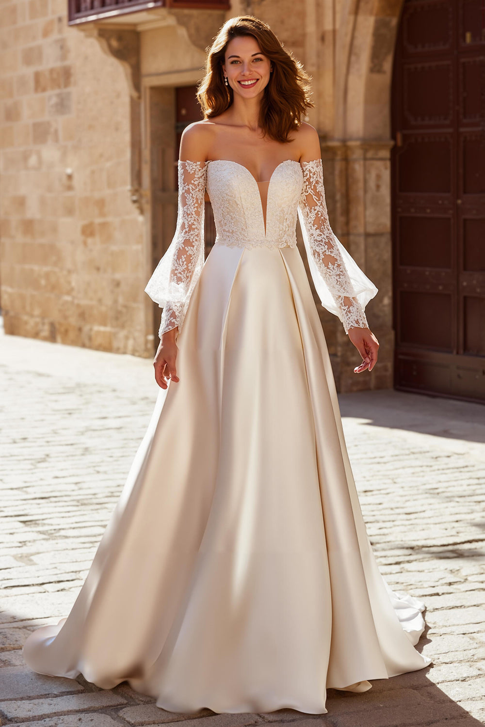 Ivory Satin A-Line Off the Shoulder Sweep Train Wedding Dress with Lace